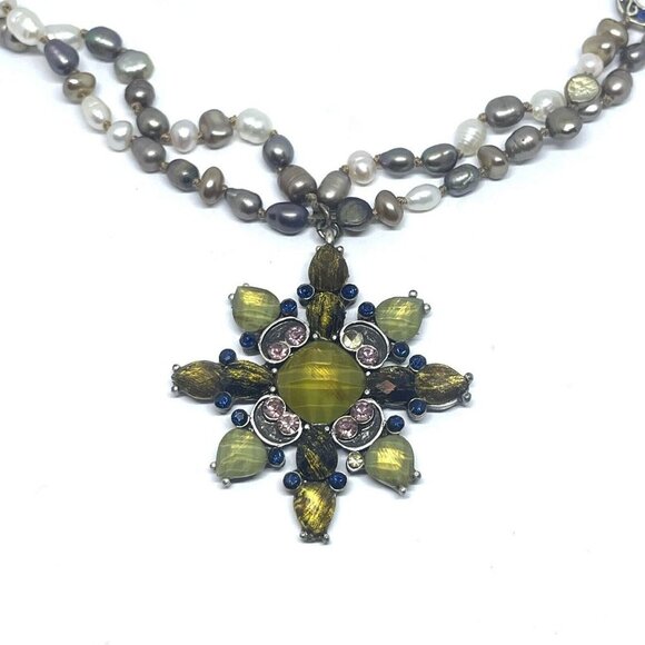 Real Pearl Flower Pendant Necklace Multicolor Lobster Closure 15.5 to 17 Inch - Picture 6 of 6